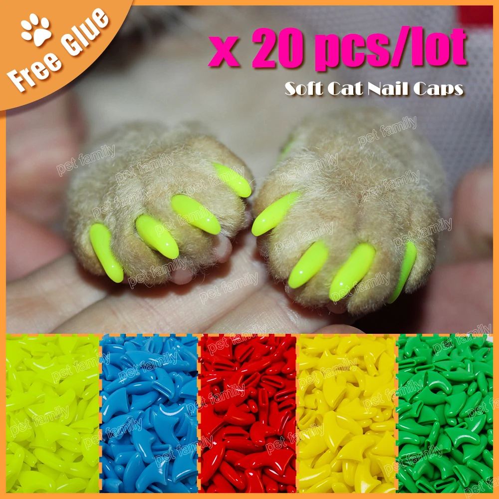 Più Nuovo Colore 20 Pz/Lotto Pet Cat Nail Molle Artigli Nail Cap Zampa Caps Pet Chiodo Copertura Con Trasporto Adesivo Colla + Applicatore