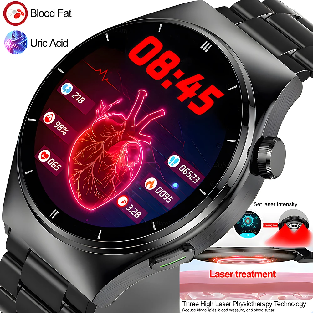 Medical Grade Laser Treatment Blood Lipid Acido Urico Blood Sugar Smart Watch Men Amoled Fitness Tracker Bluetooth Call Smartwatch