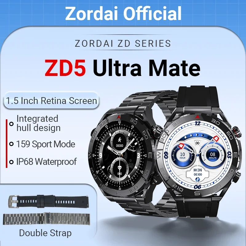 Zordai 2023 Zd5 Ultra Mate 1.5 Pollici 485*485 Schermo Business Smart Watch Men Bluetooth Call Two Straps Smartwatch In Acciaio Inossidabile