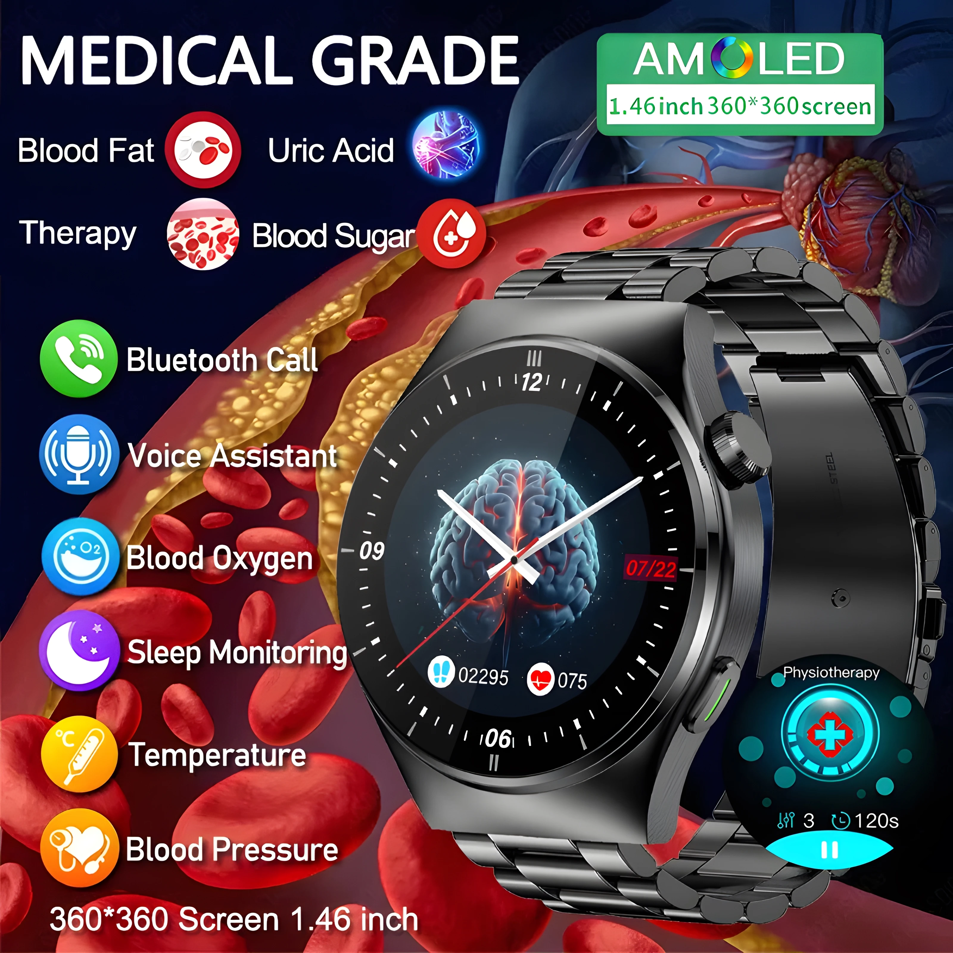 New Blood Sugar Blood Lipid Acido Urico Monitoraggio Della Temperatura Corporea Smart Watch Man Laser Treatment Bluetooth Call Watchs