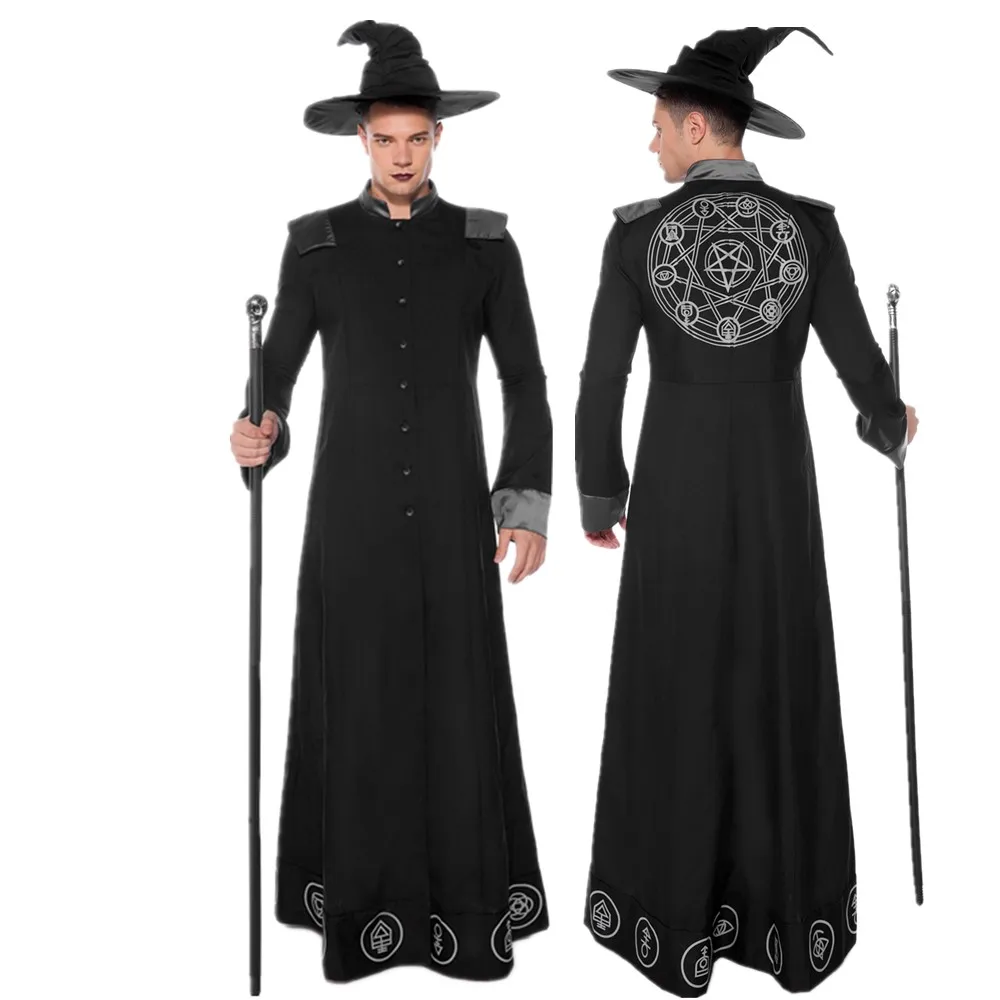 Adulto Mago Magico Mago Warlock Costume Mago Cosplay Per Gli Uomini Halloween Purim Party Costumes Fancy Dress Black