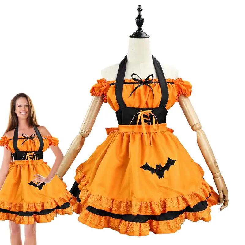 Cosplay Halloween Costume Da Cameriera Ricamato Halloween Abiti Vintage Bat Vampire Magic Witch French Maid Fancy Dress Set