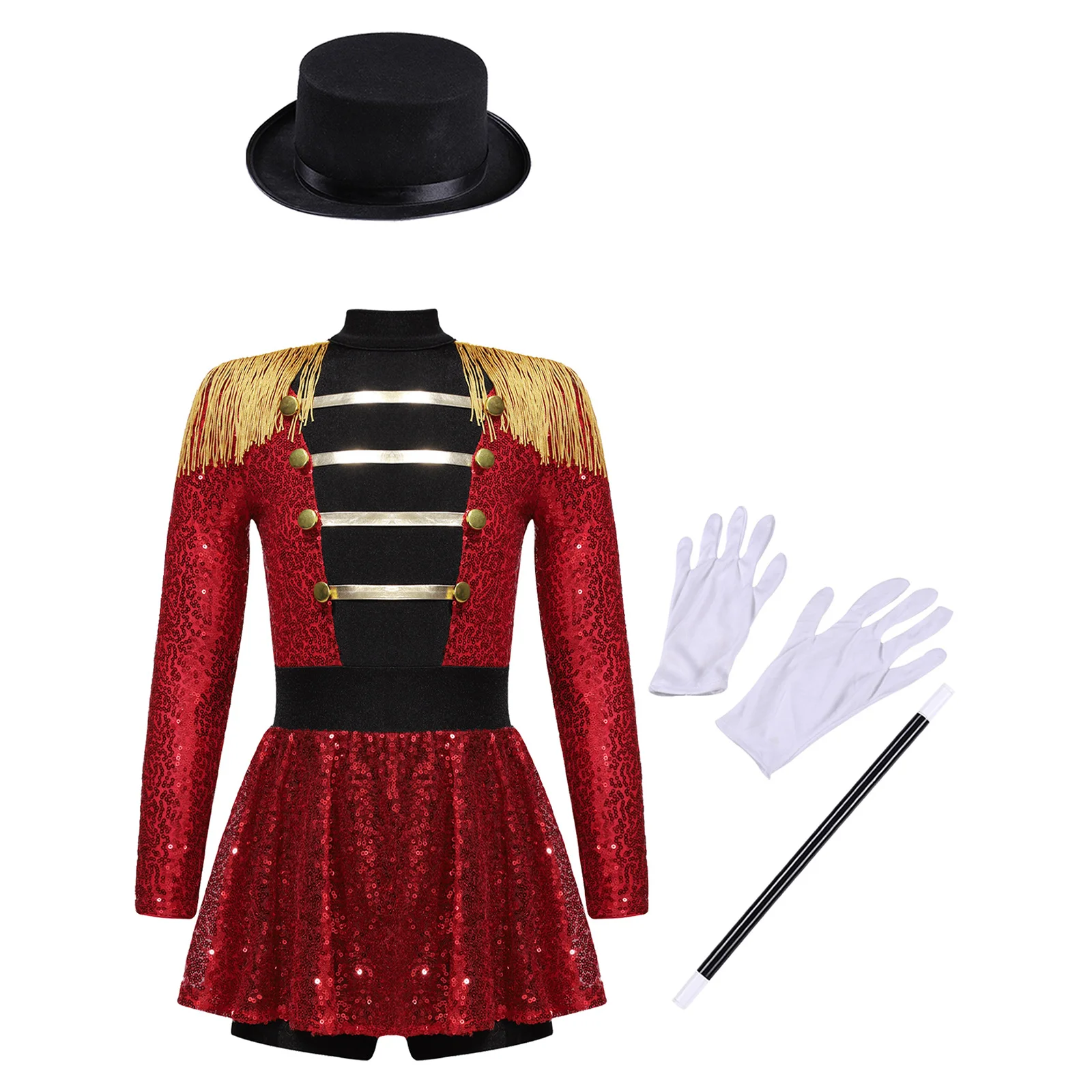 Kids Girls Deluxe Circus Ringmaster Costume Lion Tamer Ringleader Fancy Dress Up Paillettes Body Con Cappello Guanti Bacchetta Magica