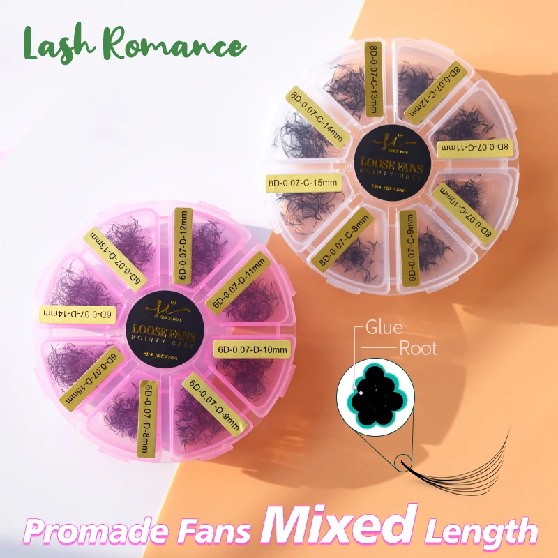 Lash Romance 3 -- 14D Lunghezza Mista Stelo Affilato Sottile Base Stretta Premade Fan Lash Base A Punta Premade Volume Fans Extension Ciglia