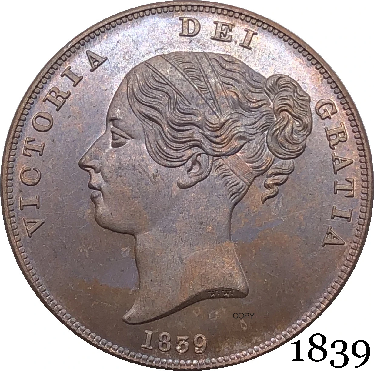 Regno Unito 1839 Victoria 1 One Penny Queen Red Copper Copia Monete Gran Bretagna Bronzo Ritratto Moneta Con Bordo Liscio