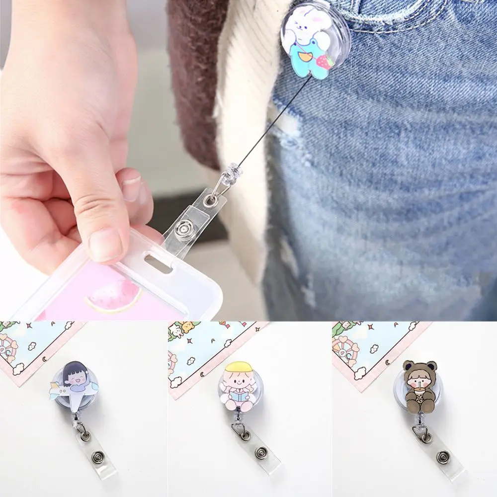 Creative Bunny Bear Cute Girl Spin Easy Pull Button Badge Buckle Card Holder