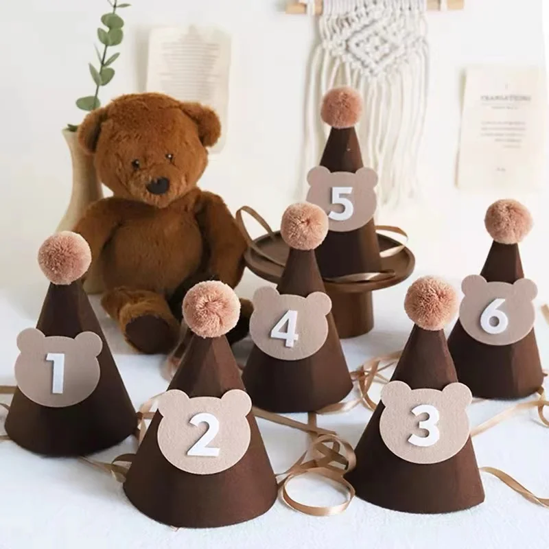 1-9Years Bear Birthday Hat Bear Banner Pull Flag Retro Cream Balloon Baby Shower Bambini Happy Birthday Decor Forniture Per Feste