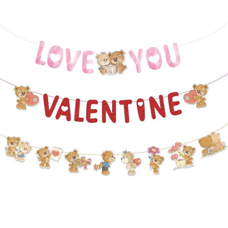Happy Valentine'S Day Party Bear Pull Flag Decoration I Love You Banner Wedding Festival Theme Flag Decoration