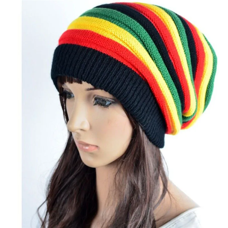Unisex Giamaica Slinky Beanie Multi-Colore A Righe Slouchy Baggie Beanie Skullies Gorro Rasta Cap Hat