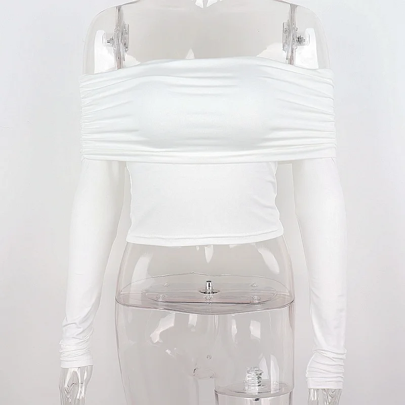 Sexy Off Spalla Manica Lunga Crop Top Donna Bianco Slim Aderente Magliette Fitness Top Camisetas Top Mujer Vetement Femme