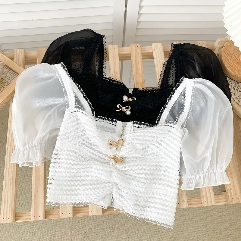 Top A Maniche Corte A Sbuffo Da Donna Top A Pieghe Sottili A Pieghe Top Estivi Causali T-Shirt Bianche Nere