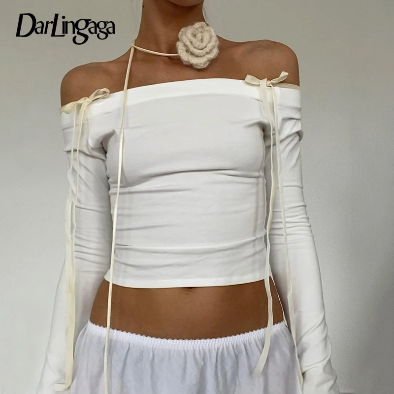 Darlingaga Slash Neck Bow White Sweet Female T-Shirt Chic Autumn Tee Slim Manica Lunga Tie Up Coquette Clothes Off Spalla Top