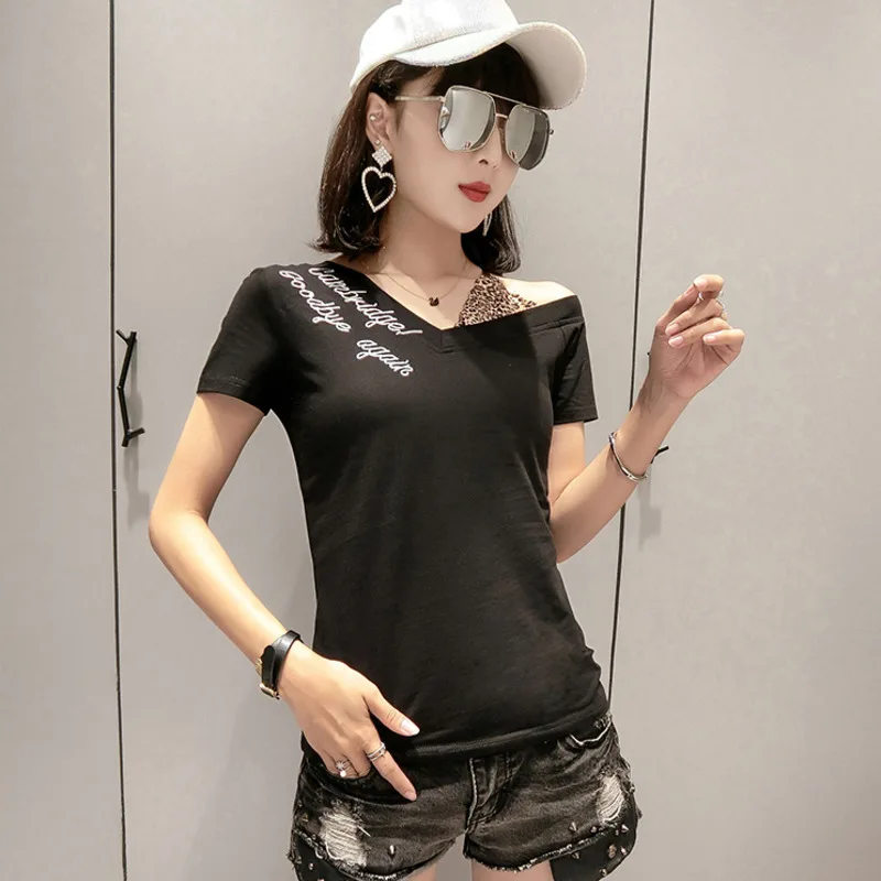 Yellow Orange Black White Tight T Shirt Women V Neck Off Shoulder T Shirt Cotton Slim V Neck Cotton T Shirt Femme Summer