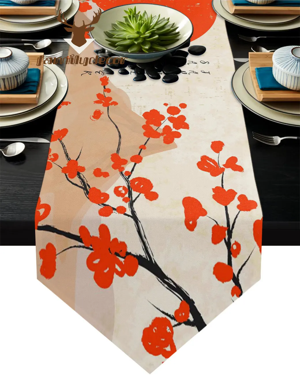 Flower Cherry Blossom Sun River Retro Table Runner Rustic Boho Wedding Decoration Tablecloth Party House Kitchen Dining Placemat