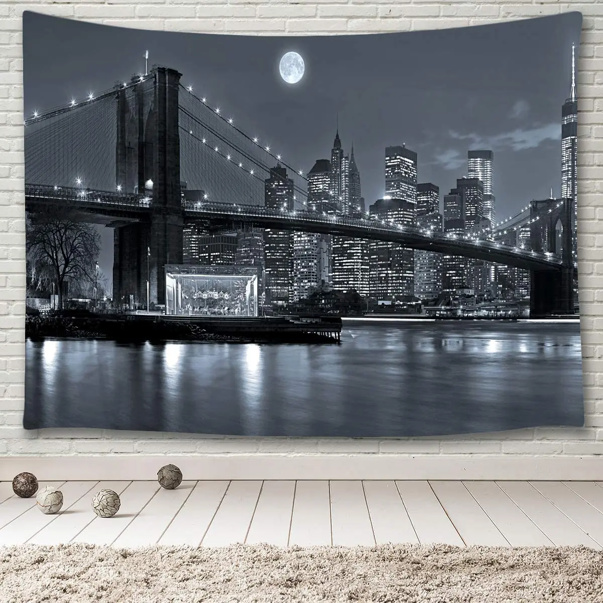 New York City Skyline Tovaglia Tovaglia, Ponte Di Brooklyn East River Manhattan Grattacielo Luci Moon Night