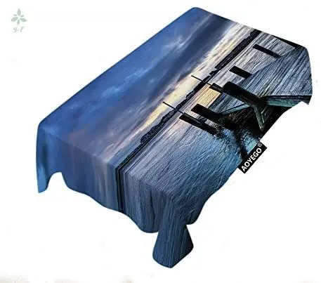 Tovaglie Di Paesaggio Rettangolo Natura Molo Shore River Bridge Lago Sunshine House Sky Cloud Ondulato Home Table Cover Decor Sala Da Pranzo