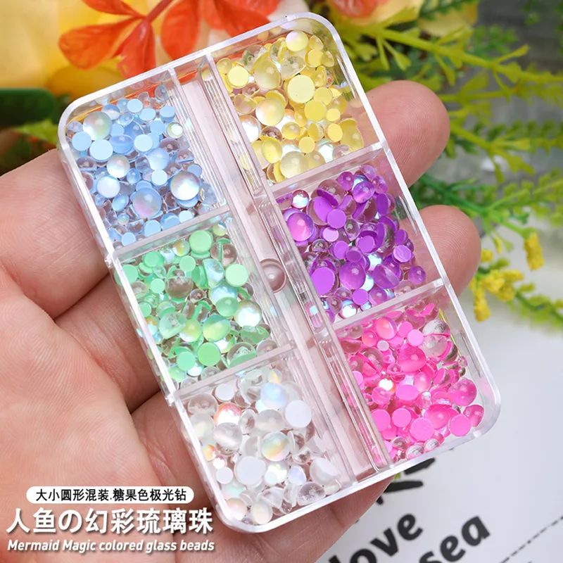 3D Boxed Mermaid Bead Nail Strass Aurora 3/4/5Mm Flatback Crystal Glass Nail Art Gem Bubble Bead Diamond Manicure Decoration