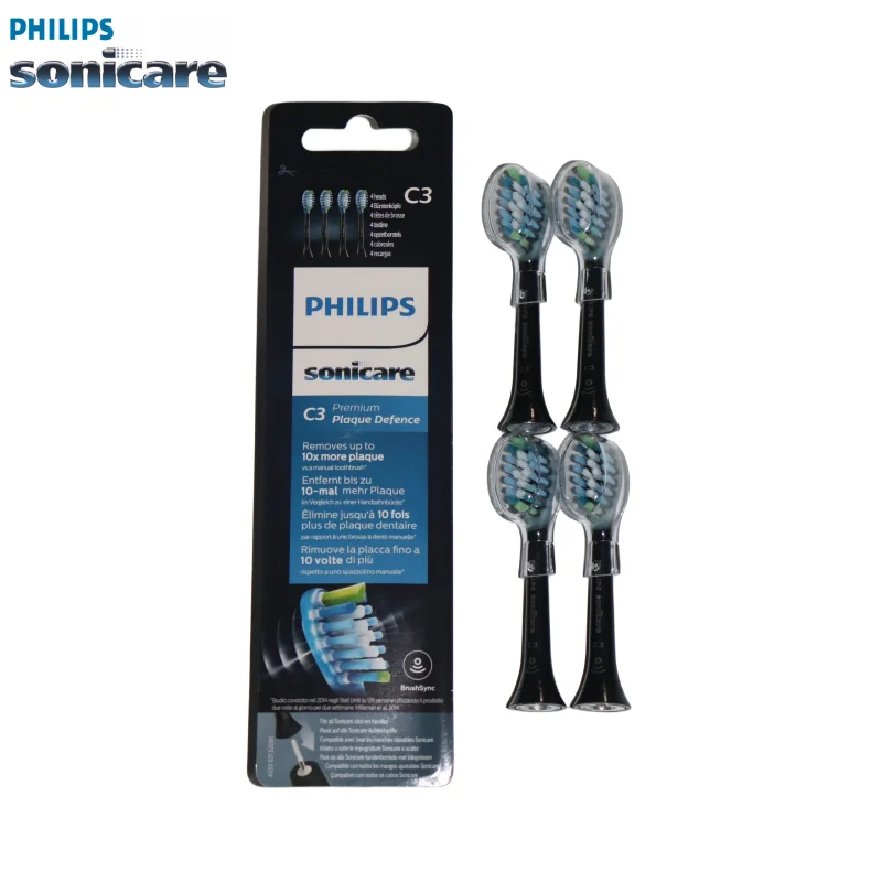 Testine Philips Sonicare C3 Testine Di Ricambio Per Il Controllo Della Placca Premium, 4 Testine, Nere, Hx9042/95