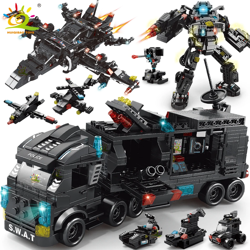 Huiqibao 454-695Pcs 8 In1 Swat Police Command Truck Building Blocks City Helicopter Bricks Kit Giocattoli Educativi Per Bambini