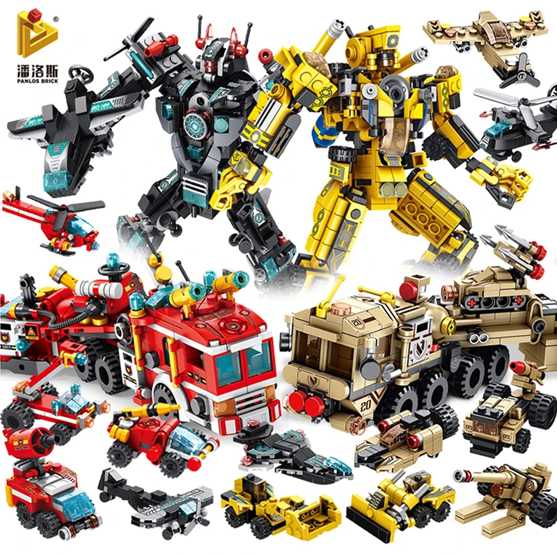 Camion Dei Pompieri Auto Della Polizia Elicotteri Trasformaersing Robot Racing Car Building Blocks Mattoni Città Giocattolo Per Bambini