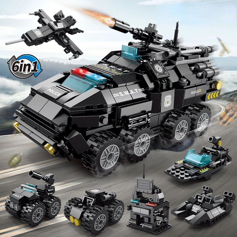 6 In 1 Police Fire Fighting Truck Car Building Blocks Toys City Car Bricks Kit Giocattoli Educativi Per Bambini