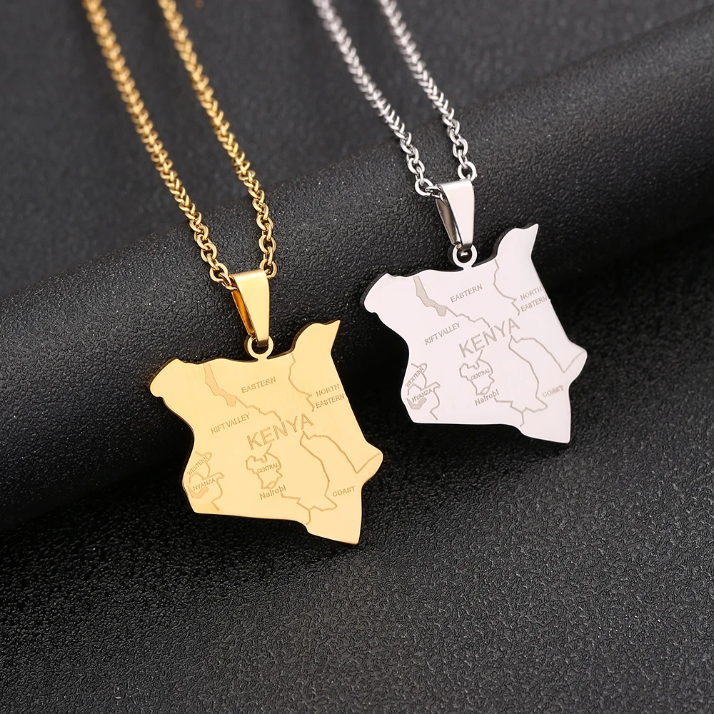 Africa Kenya Map City Collana Con Ciondolo In Acciaio Inossidabile Color Oro/Argento African Men Women Country Map Jewelry Gift