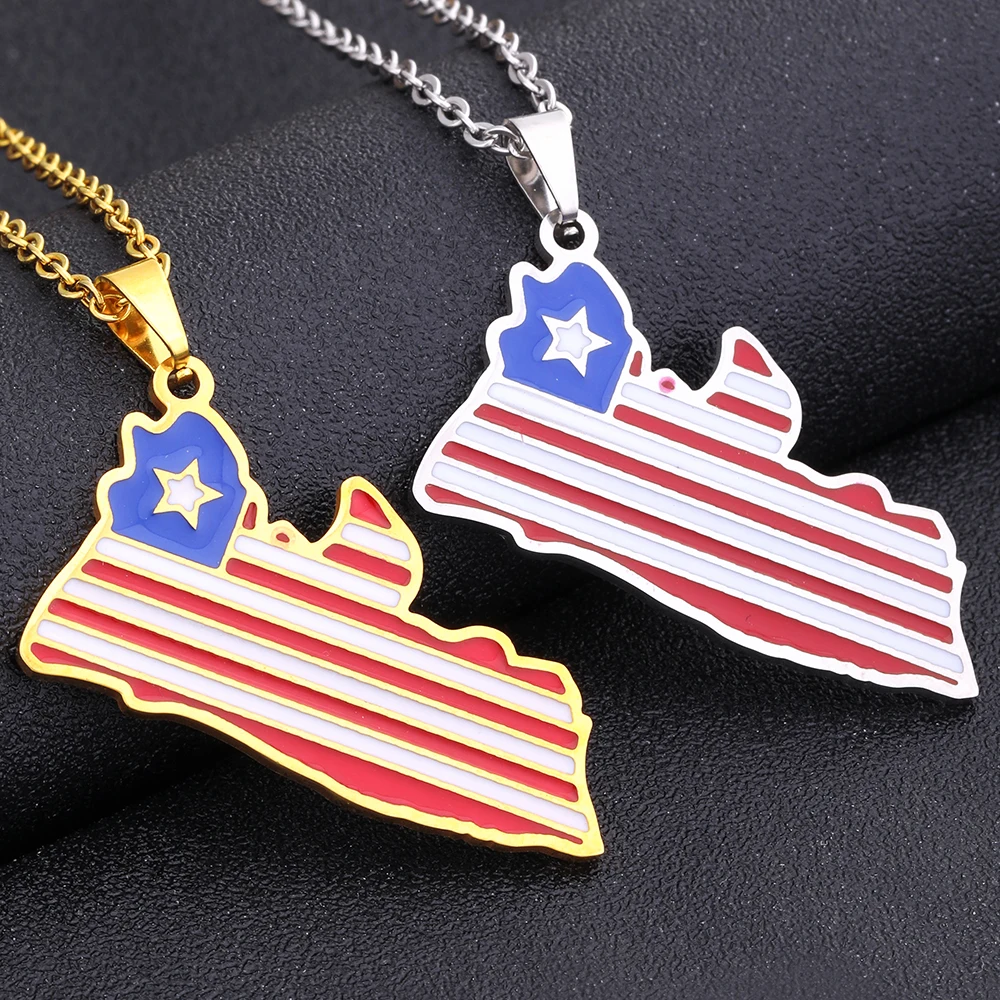 Stainless Steel Liberia Map Flag Pendant Necklace Gold/Steel Color Africa Liberians Map Jewelry Men Women Patriotic Gift