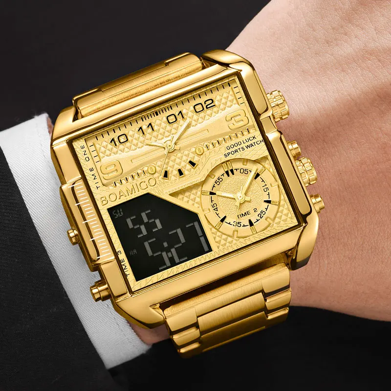 Boamigo Top Brand Luxury Fashion Men Orologi Gold Steel Sport Square Digital Analog Big Quartz Watch For Man Relogio Masculino