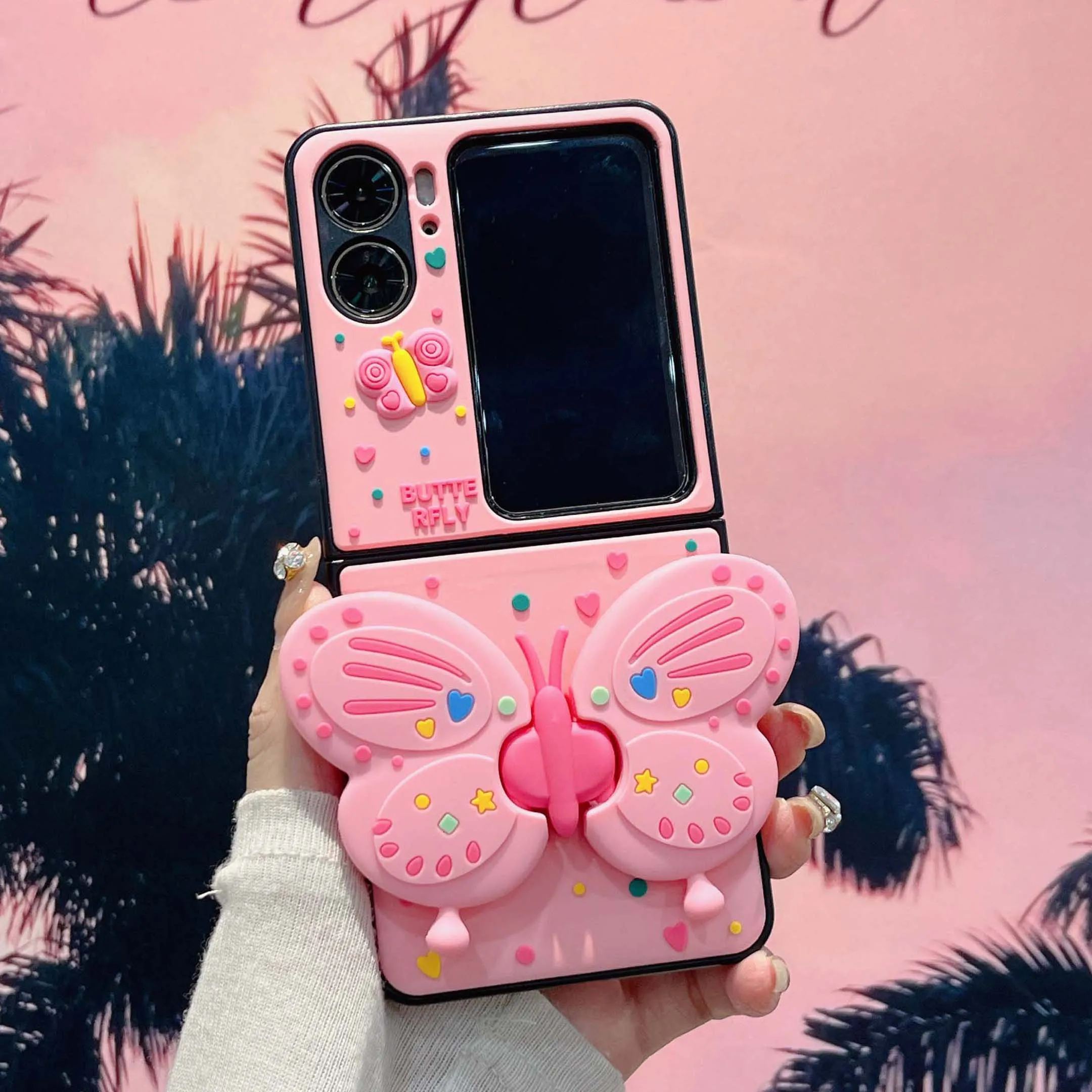 Ins Cute Pink Butterfly Cartoon Stand Holder Bracciale 3D Cool Phone Case Per Oppo Find N2 N3 Flip3 5G N2Flip N3 Flip Cover
