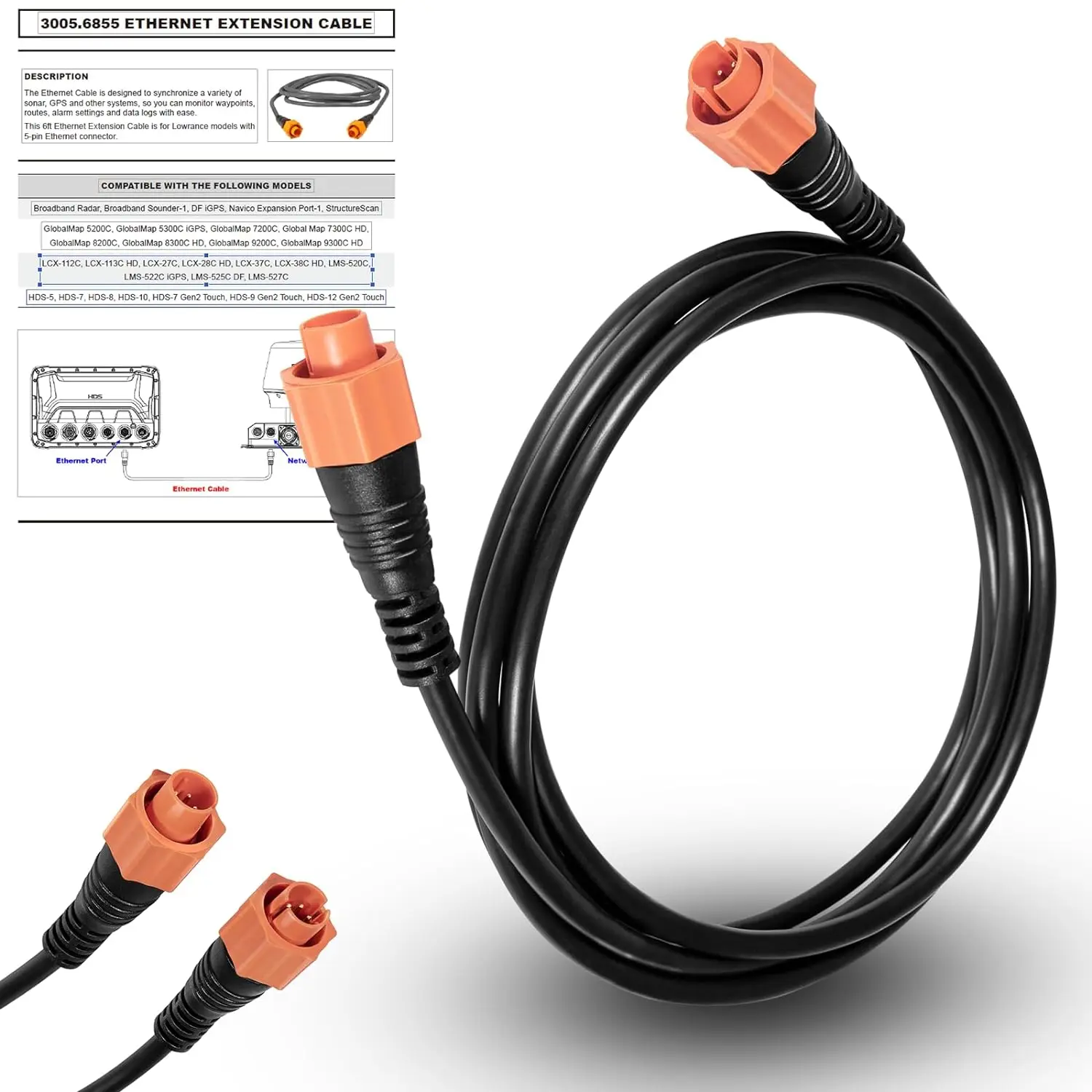 Parte Chuangqian Per Cavo Crossover Ethernet Lowrance Cavo Cat5E Giallo, 6 Piedi, Alta Velocità, Plug And Play, Impermeabile