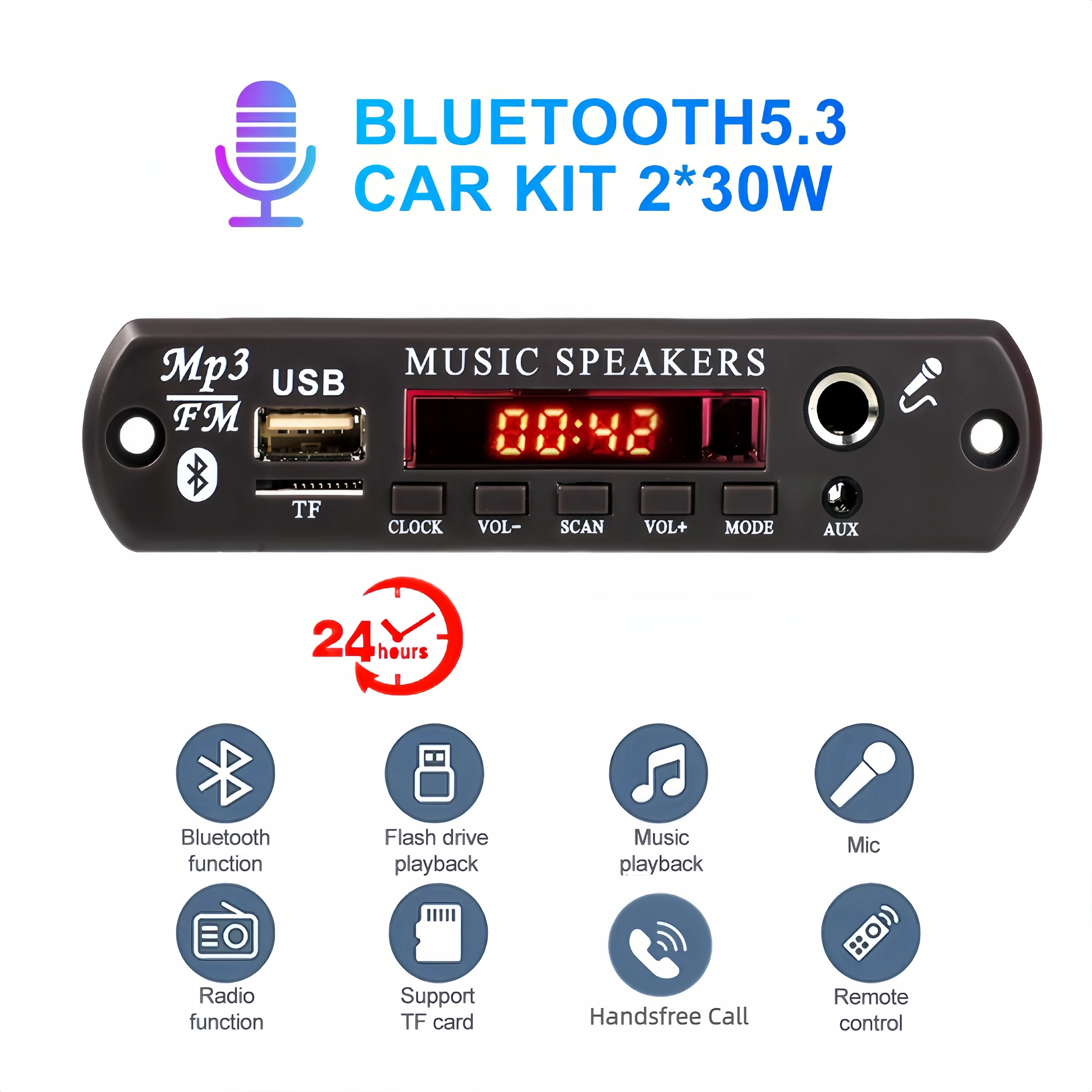 60W Amplificatore Bluetooth 5.3 Mp3 Wma Ape Decoder Board Clock Time Display Microfono 30W 12V Car Fm Radio Usb Tf Music Player Speaker