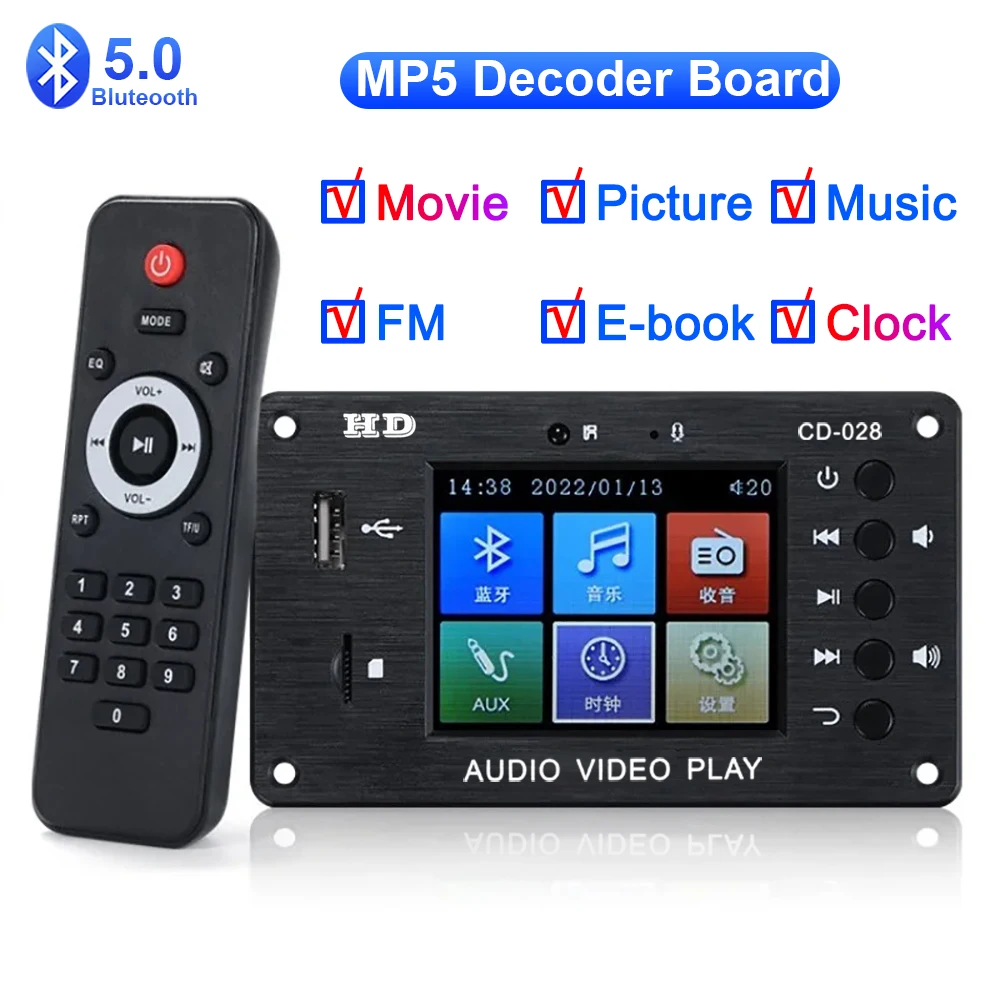 Mp5 Mp4 Lettore Mp3 Supporto Video Picture Clock Music Bluetooth5.0 Decoder Board Hd Audio Player Decodifica Radio Fm Usb Tf Per Auto