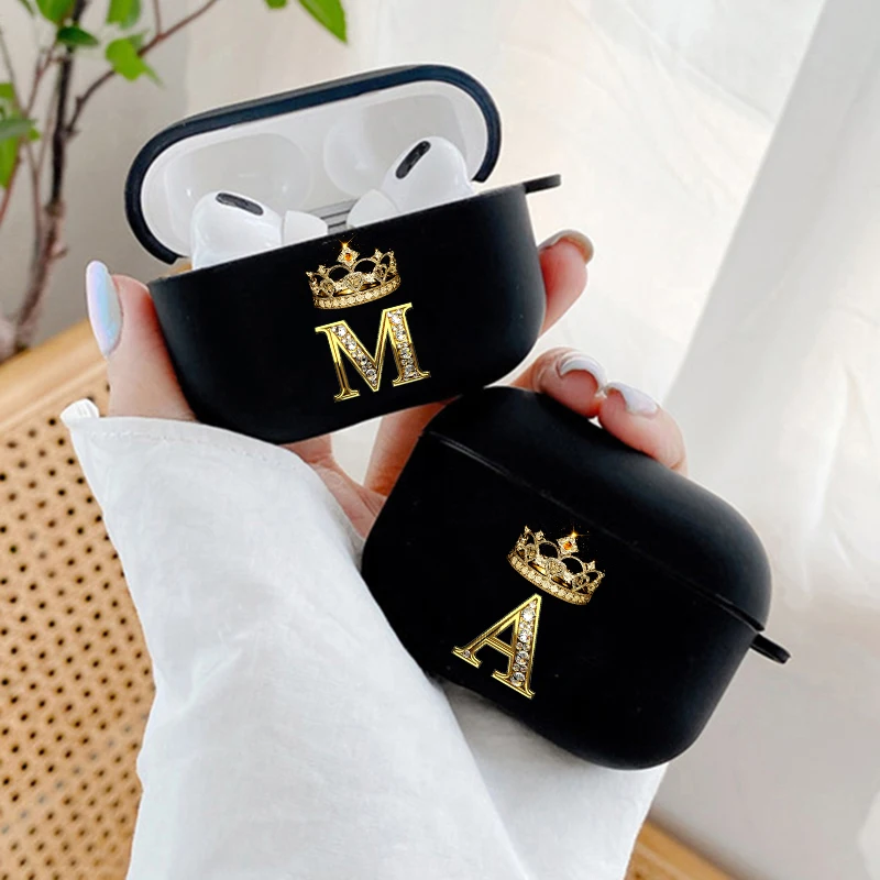 Luxury Diamond Crown Gold A-Z Letter Airpods Custodia Per Airpods Pro2 3 1 Pro 2 Black Wireless Bluetooth Auricolare Box Cover Carina