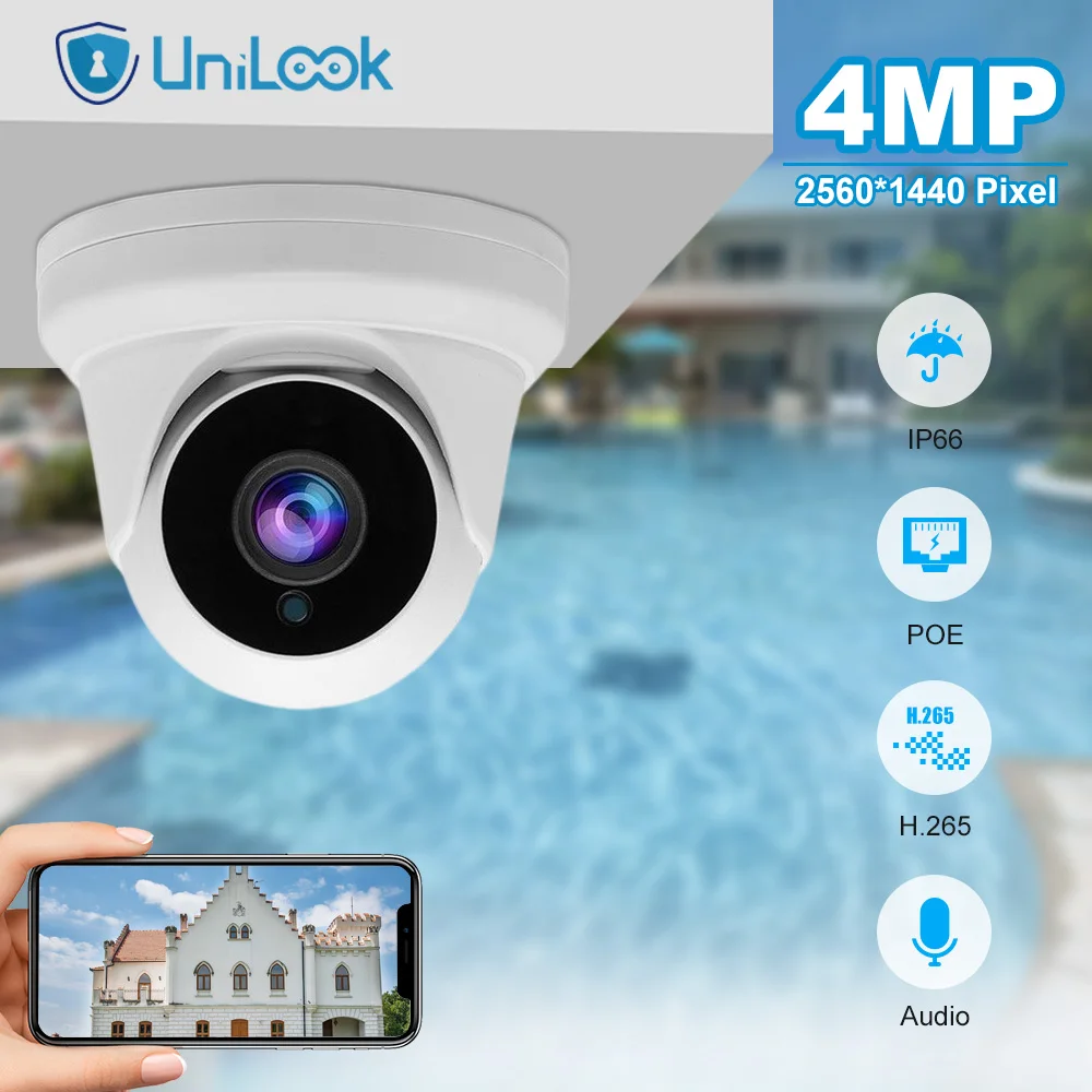 Unilook 4Mp Mini Dome Poe Ip Camera Sicurezza Esterna Microfono Integrato Audio Sicurezza Visione Notturna Hikvision Compatibile H.265