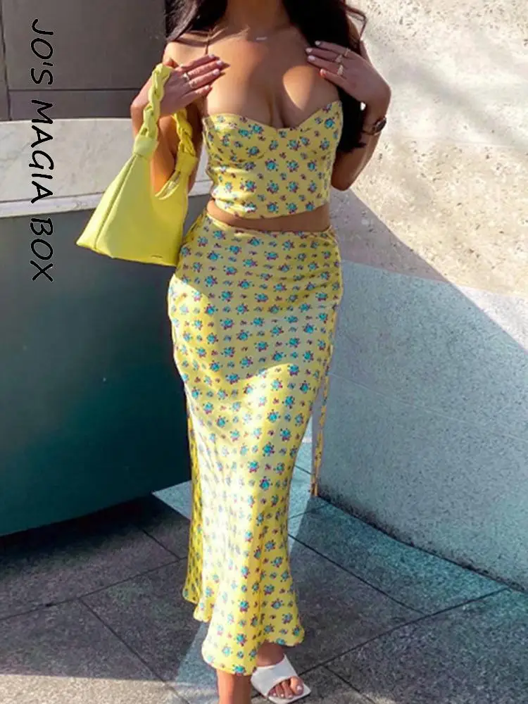 Jo'S Magia Box Y2K Bodycon Gonna Floreale Da Donna Set Summer Casual Party Set Di Pezzi Di Traino Per Donna Con Top Corto E Gonna Lunga