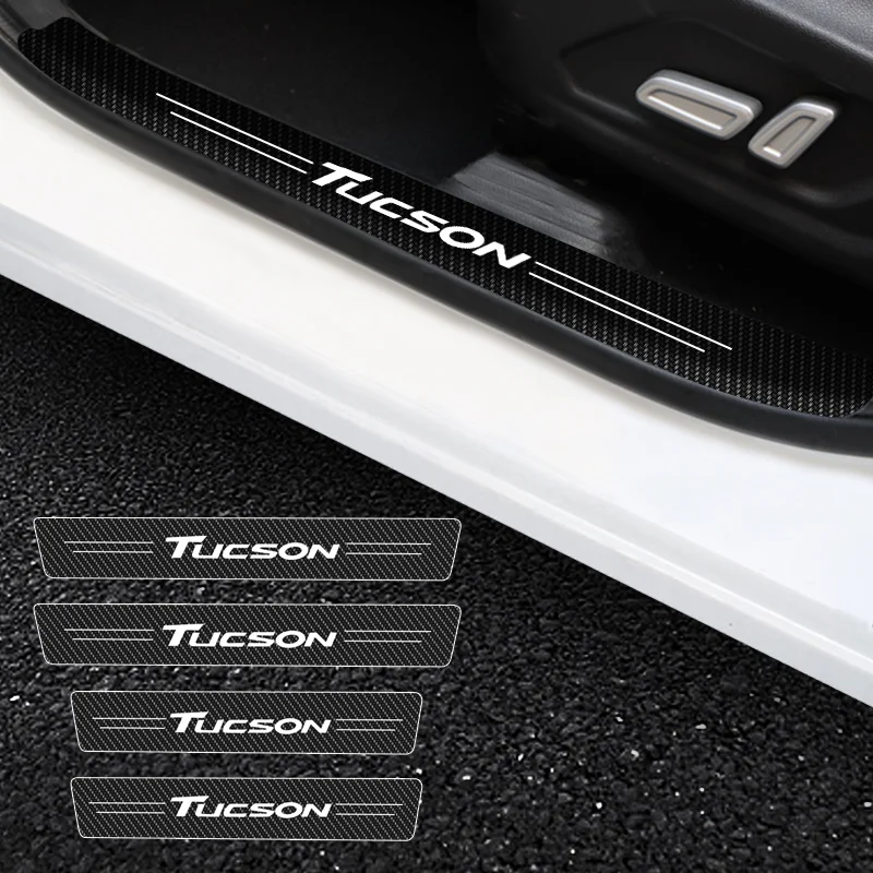 4Pcs Car Door Soglia Scuff Plate Adesivi Protettivi Per Davanzale In Fibra Di Carbonio Per Hyundai Tucson Logo Auto Door Entry Pedal Guards