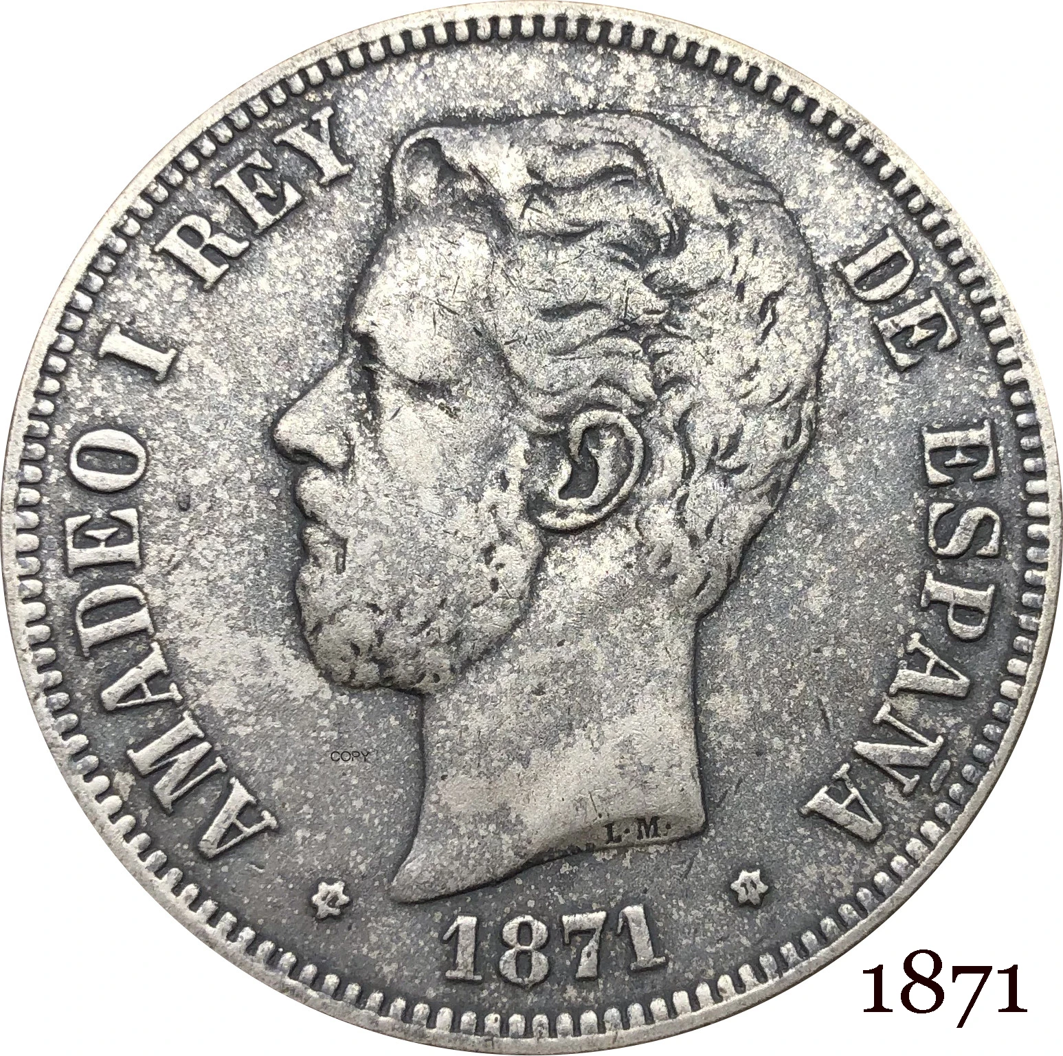 Spagna 5 Pesetas Amadeo I 1871 Rey De Espana Busto Di Amadeo I Rivolto A Sinistra E La Data Sotto Cupronickel Placcato Argento Copia Moneta