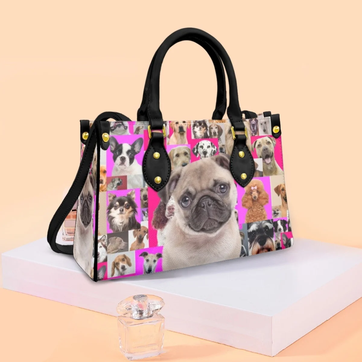 Kawaii Cute Pug Teddy Pattern Pu Leatherbag Tote Bags For Women'S Fashion Leather Ladies Handbags Commuter Shopping New Fashion