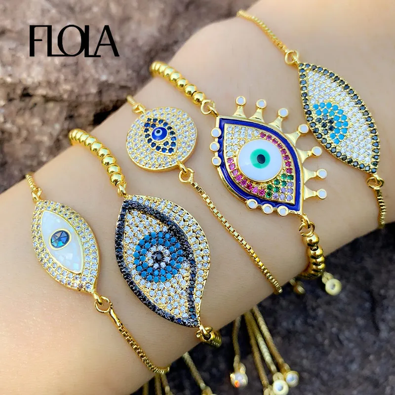 Flola Turkish Evil Eye Bracciale Per Donna Cz Rainbow Stone Tennis Bracciale Gioielli Placcati In Oro Regali Pulsera De Ojo Turco Brtb77