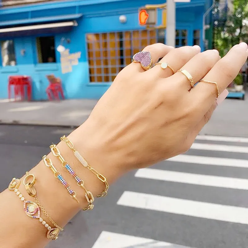 2022 Boho Link Chain Bar Bracciali Per Le Donne Pavimentato Tiny Clear Rainbow Cz Cute Elegance Jewelry