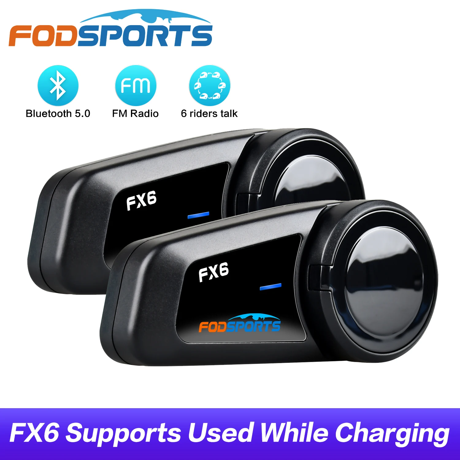 Fodsports Fx6 Interfono Moto Walkie-Talkie Casco Auricolare 6Rider 1000M Interfono Moto Bluetooth5.0 Comunicazione Moto