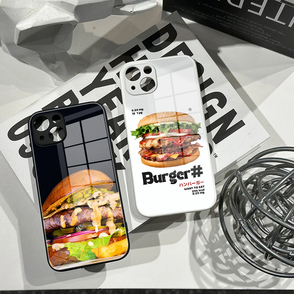 Per Iphone 14 Pro Creative Hamburger Phone Case Vetro Temperato Per Iphone13 11 12 Xr Xs Max 7/8 X Plus 12 Cover Bianche Nere