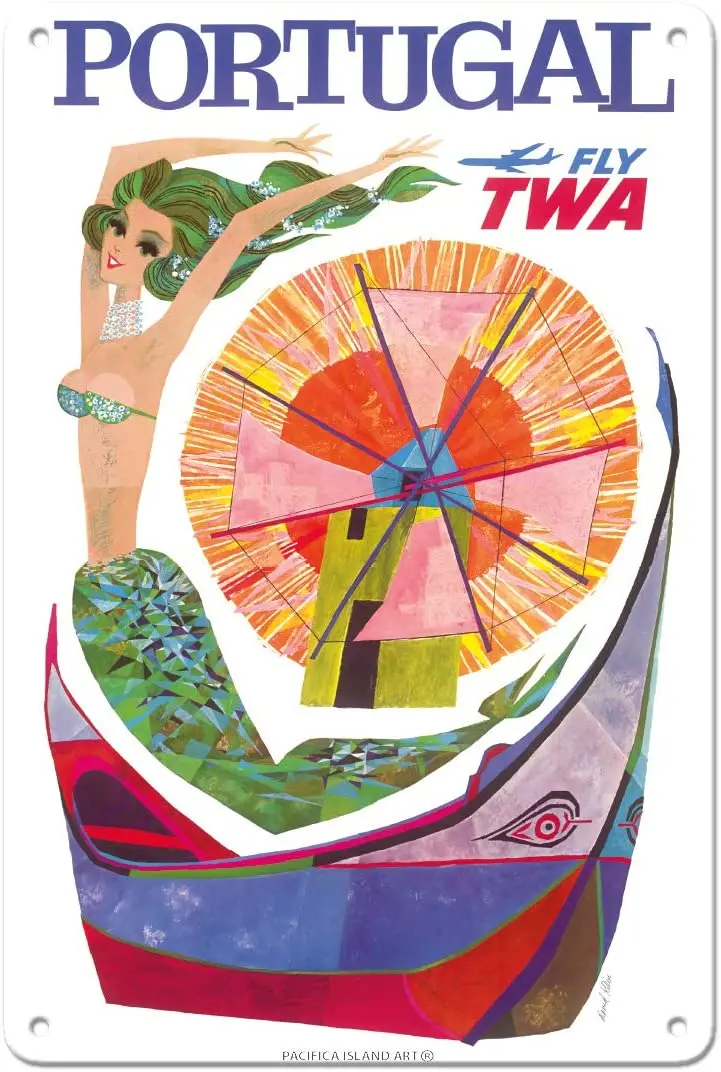 Pacifica Island Art Portogallo Fly Twa - Trans World Airlines - Mermaid Windmill - Vintage Airline Travel Poster Di David Klein