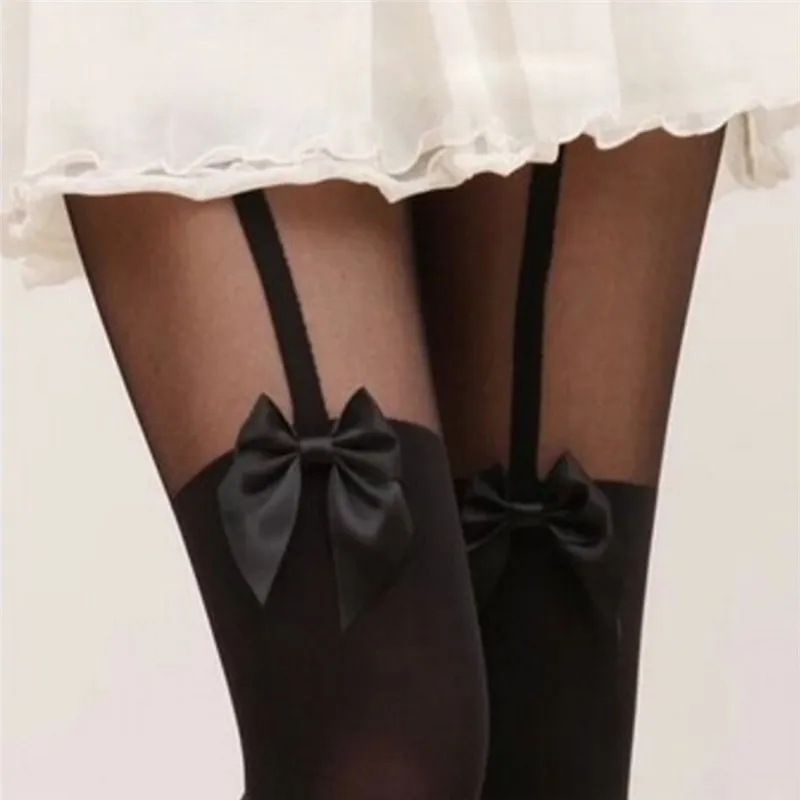 Sexy Donna Fiocco Collant Tatuaggio Mock Bow Collant Calze Sexy Collant Vintage Conservatore