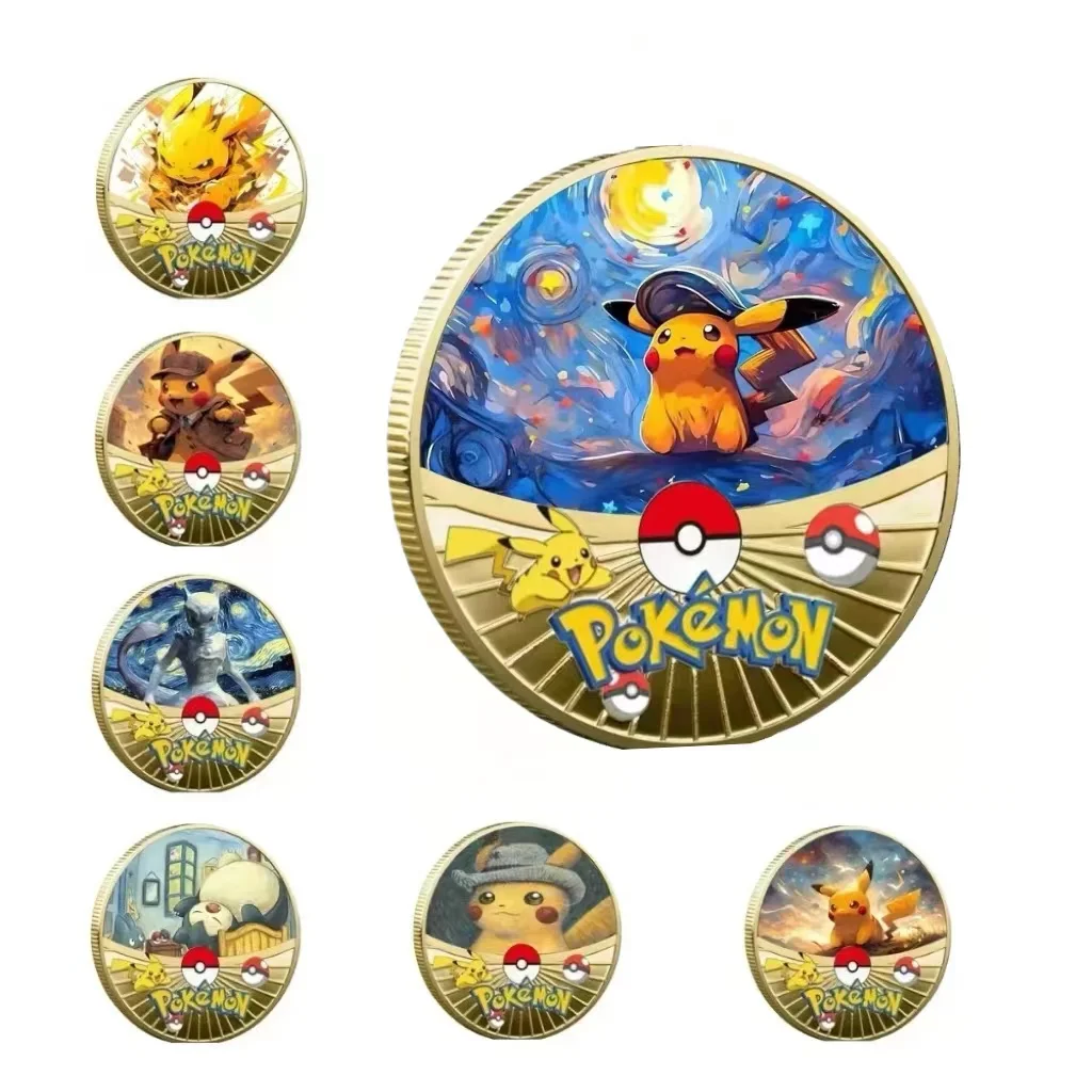 New Pokemon Gold Coin Metal Set Pikachu Charizard Commemorative Anime Baby Starry Sky Oil Painting Coin Medaglia Commemorativa