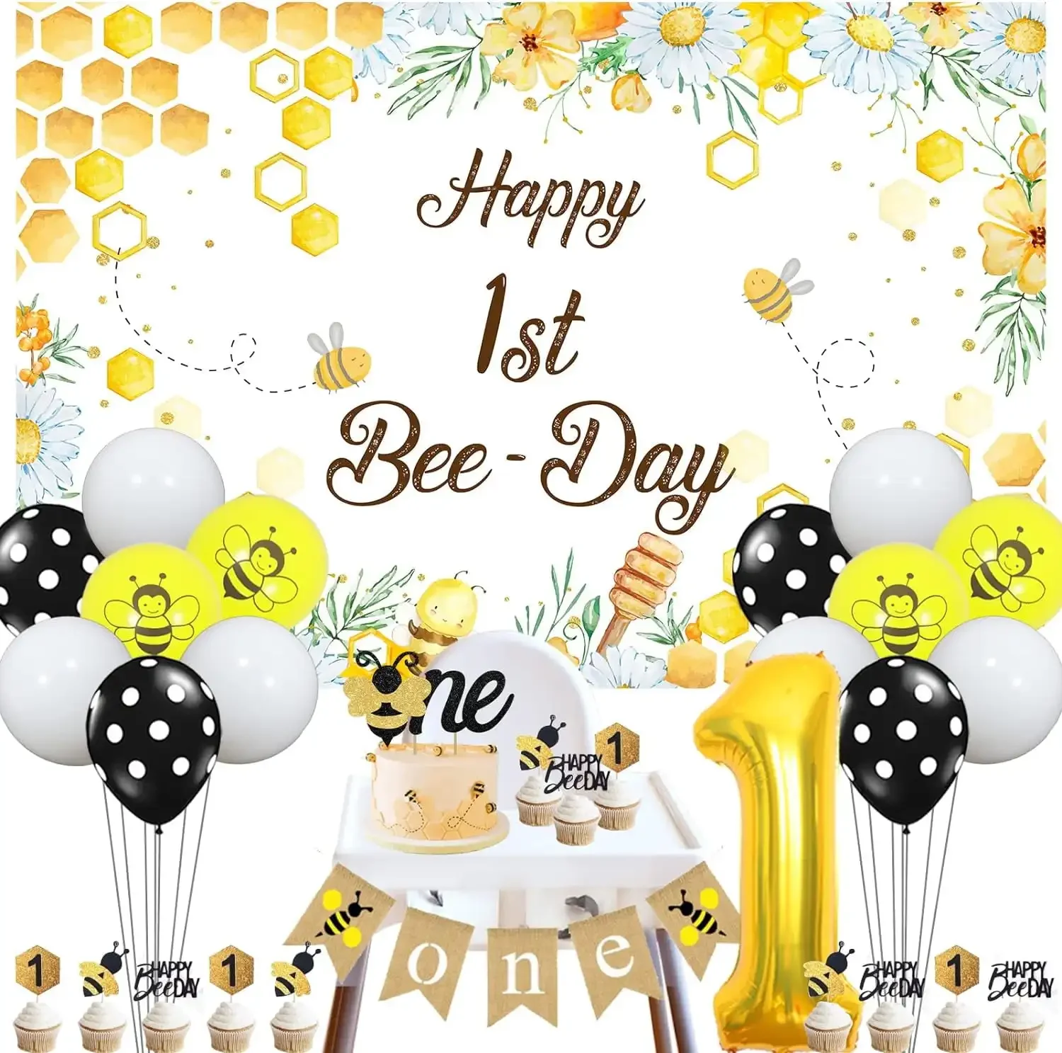 Fangleland Happy Bee Day Decorazioni Per Il Primo Compleanno, Bumblebee Foil Cake Topper Seggiolone Banner Sfondo Forniture Per Feste Di Compleanno
