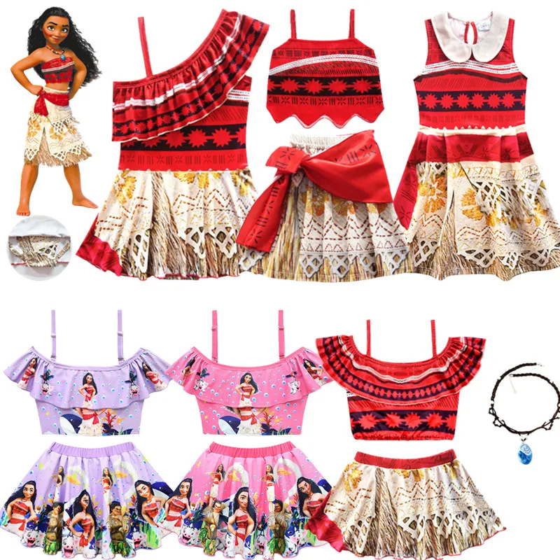 Moana Costume Cosplay Vaiana Adventure Summer Girls Beach Dresses Kids Chirismas Party Clothes Con Collana Parrucca