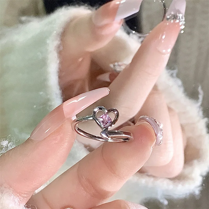 Cute Hollow Out Pink Love Heart Crystal Rings Women Twist Open Regolabile Joint Ring Girl Heart Geometric Finger Ring Jewelry