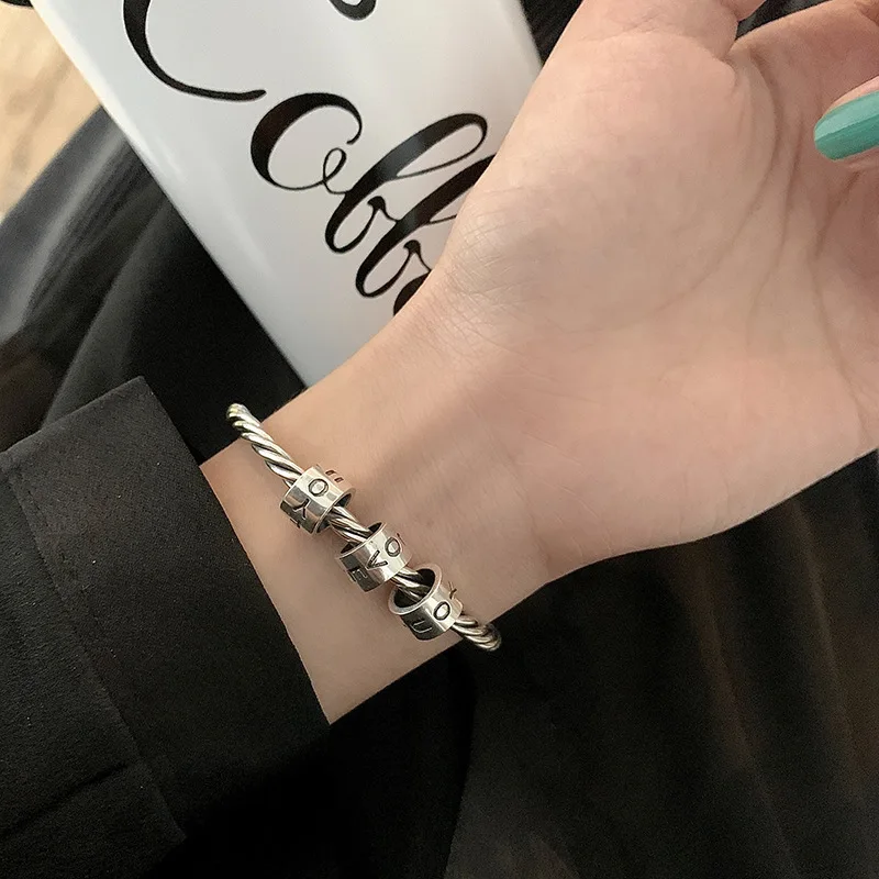 S925 Sterling Silver Vintage Twist Braid Love English Letter Bracciale Ins Heavy Punk Bungee Hop Style Hand Jewelry
