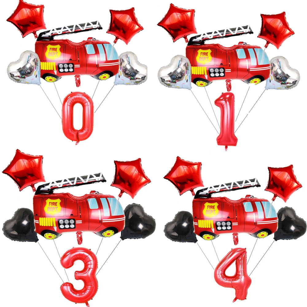 6Pcs Fireman Sam Foil Numero Palloncini Set Happy Birthday Party Deco Ball Boy Regalo Fire Truck Holiday Baby Shower Forniture Per Feste